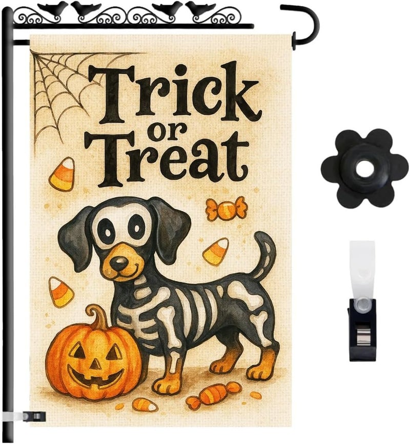 KarvePro Skeleton Dachshund Dog Halloween Garden Flag – Trick or Treat Pumpkin Yard Flag 12x18, Double Sided Burlap Outdoor Decoration - Image 1